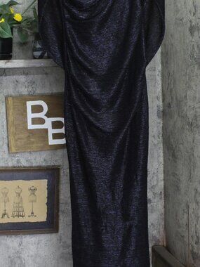 Betsy & Adam Navy Blue Betsy Adam Long Metallic Cape Gown Dress Navy